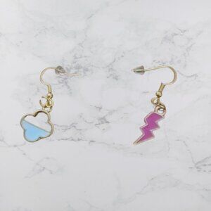 Weather Cloud and Lightning Bolt Gold Tinted Dangle Earrings - Handmade